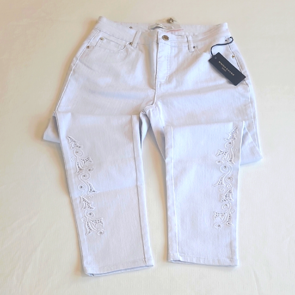Simon Chang White Embroidered Women's Jeans